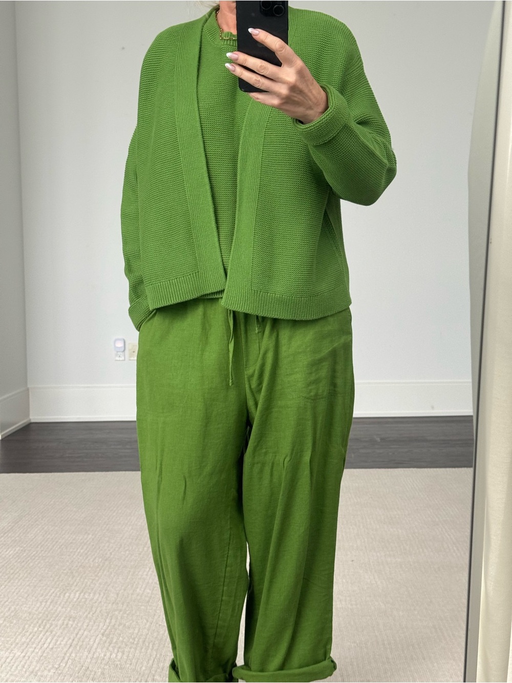 Banana Republic Wide-Leg Drawstring Pants in Green with matching tank and sweate